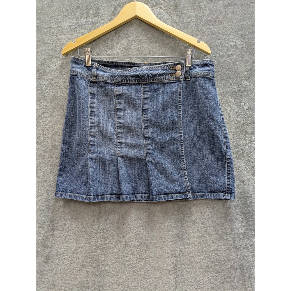Y2K Denim Mini Skirt Womens 14 Carolina Blues Faux Wrap Pleated Blue Stretch